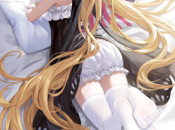 1girl ass bed_sheet blonde_hair bloomers dress from_behind gloves highres little_witch_nobeta long_hair lying no_shoes nobeta official_art on_stomach petite solo thighhighs underwear very_long_hair white_bloomers white_gloves white_thighhighs zettai_ryouiki