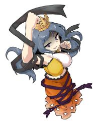 1girl arm_up black_ribbon blue_hair breasts chirizuka_ubame clenched_hand crown dairi double-parted_bangs dress fossilized_wonders frilled_skirt frills from_above full_body grin headpiece long_hair midriff_peek multicolored_dress nipples open_mouth orange_skirt outstretched_arm partially_shaded_face purple_eyes purple_ribbon ribbon skirt smile smirk solo sparkling_eyes surprised tachi-e touhou