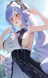 1girl absurdres arm_up armpits ascot black_overskirt blue_sky blush bow bowtie breasts center_frills clothes_pull commentary_request day drill_hair fang frills highres korean_commentary large_breasts long_hair mole mole_under_eye nose_blush open_mouth outdoors pinky_out pointy_ears pulling_own_clothes purple_ascot purple_bow purple_bowtie purple_hair red_eyes shirt shirt_pull sideboob sideboob_cutout sky sleeveless sleeveless_shirt solo sweat teeth unnunal_(unneonal) upper_teeth_only vivian_banshee white_hair white_streaks zenless_zone_zero