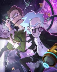 2boys brown_hair business_suit cfacetfacet clipboard commentary denim english_commentary formal_clothes fortune_cookie_(food) glasses grey_hair highres holding holding_clipboard indoors jeans jerry_smith ladder laser_cannon male_focus mechanical_arms messy_hair multiple_boys open_mouth pants pen rick_and_morty rick_sanchez science_fiction short_hair suit