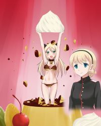 2girls animal_ears bell bikini blonde_hair blue_eyes blush braid breasts buttons cat_ears cherry cleavage collar collarbone empty_eyes food fruit green_eyes groin hairband heinrike_prinzessin_zu_sayn-wittgenstein highres holding icing in_food kaneko_(novram58) long_hair long_sleeves military military_uniform multiple_girls navel neck_bell noble_witches open_mouth oversized_object pudding rosalie_de_hemricourt_de_grunne strike_witches striped_bikini striped_clothes swimsuit world_witches_series