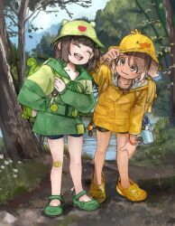 2girls :d adjusting_clothes adjusting_headwear backpack bag bandaid bandaid_on_knee bandaid_on_leg bike_shorts black_hair bracelet brown_eyes brown_hair bucket_hat child closed_eyes commentary crocs day english_commentary freckles girutan_(girutea) girutea grass green_footwear green_hoodie hair_ornament hairclip hat highres hood hood_down hoodie indie_virtual_youtuber jewelry legs lily_hopkins multiple_girls nature open_mouth outdoors raincoat shoes smile standing teeth thermos tooth_gap tree upper_teeth_only virtual_youtuber water yellow_raincoat yellow_shoes