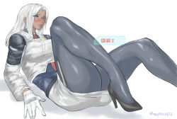 1girl black_shoes blue_eyes blush dark-skinned_female dark_skin elma_(xenoblade_x) embarrassed gloves high_heels jacket long_sleeves lying monolith_soft on_back pantyhose shoes skirt thighs uya_(yurukah) white_gloves white_hair white_skirt xeno_(series) xenoblade_chronicles_(series) xenoblade_chronicles_x