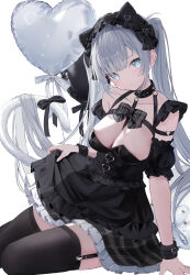 Rule 34 | 1girl, absurdres, animal ear hairband, animal ears, arm garter, arm support, balloon, bare shoulders, between breasts, black bow, black collar, black dress, black hairband, black skirt, black thighhighs, blue eyes, bow, breasts, cleavage, closed mouth, clothes lift, collar, collarbone, commentary, dress, fake animal ears, frilled hairband, frills, garter straps, hairband, haruhiruri, head tilt, heart, heart balloon, heart o-ring, highres, light blush, long hair, looking at viewer, lying, medium breasts, o-ring, on ground, original, plaid bow, plaid clothes, plaid skirt, sidelocks, simple background, skirt, skirt lift, solo, strap between breasts, symbol-only commentary, tail, thighhighs, thighs, twintails, very long hair, white background, white hair, wrist cuffs