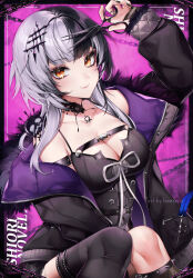 1girl absurdres beescuit black_choker black_coat black_dress black_hair black_nails blush breasts chest_belt choker cleavage coat dress fur-trimmed_coat fur_trim grey_hair hair_ornament highres holding holding_scissors hololive hololive_english lace lace-trimmed_choker lace_choker lace_trim large_breasts long_hair looking_at_viewer medium_breasts multicolored_hair nail_polish scissors shiori_novella shiori_novella_(1st_costume) smile solo split-color_hair striped_arm_warmers two-tone_hair virtual_youtuber yellow_eyes yorick_(shiori_novella)