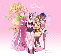 Rule 34 | 5girls, ^ ^, absurdly long hair, ahoge, annoyed, antennae, arms around neck, arthropod girl, bad id, bad twitter id, bare legs, bare shoulders, bee girl, belt, black bag, black belt, black boots, black dress, black gloves, black hair, black leotard, black nails, black shirt, black shorts, black sleeves, blonde hair, blue sandals, blue shirt, blue skirt, blue wings, blunt bangs, boots, breasts, character name, chocofish, choker, cleavage, cleavage cutout, clenched hands, closed eyes, closed mouth, clothing cutout, commentary, crop top, crown, dark-skinned female, dark skin, detached sleeves, dot nose, dress, drill hair, english commentary, english text, eyeshadow, fairy, fairy wings, fingerless gloves, flower skirt, flying sweatdrops, frilled skirt, frilled sleeves, frills, full body, fur-trimmed dress, fur anklet, fur choker, fur trim, fur wrist cuffs, gloves, gradient background, gradient skin, green arm warmers, green eyes, green ribbon, green shirt, green shoes, green wings, grey hair, hair between eyes, hair ornament, hairclip, halftone, halftone background, halter shirt, halterneck, hand on another&#039;s shoulder, hands on own hips, height difference, high heel sandals, high heels, highres, holding another&#039;s arm, horns, hug, hug from behind, insect girl, insect wings, instagram username, jewelry, knees, leg ribbon, leotard, leotard under clothes, light blush, light frown, light particles, lipstick, long dress, long hair, long sleeves, looking at another, magical girl, makeup, midriff, mini crown, miniskirt, multicolored hair, multicolored nails, multiple girls, nail polish, navel, one eye closed, original, pale skin, parted bangs, pink background, pink bag, pink boots, pink dress, pink eyes, pink eyeshadow, pink hair, pink horns, pink leotard, pink lips, pink nails, pink thighhighs, pink wings, pleated dress, pointy ears, puffy long sleeves, puffy sleeves, pumps, ribbon, sandals, see-through clothes, see-through sleeves, see-through thighhighs, shirt, shoes, short hair, short hair with long locks, short shorts, short sleeves, shorts, shoulder cutout, side slit, single detached sleeve, single fingerless glove, skirt, skirt set, sleeved leotard, sleeves past wrists, smile, sparkle, standing, stomach cutout, straight hair, strapless, strapless shirt, streaked hair, striped clothes, striped dress, striped shirt, striped shorts, studded belt, sweatdrop, tan, thighhighs, thighlet, toes, transparent wings, twin drills, twintails, twitter username, two-tone bag, two-tone dress, two-tone hair, unicorn horn, vertical-striped clothes, vertical-striped shirt, vertical-striped shorts, very long hair, waist bag, watermark, white background, white choker, white hair, white skirt, white wrist cuffs, wings, winx club, wrist cuffs, x hair ornament, yellow crown, yellow dress, yellow eyeshadow, yellow shoes, yellow wings, yin yang