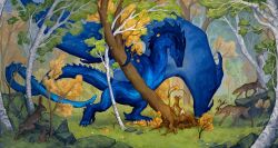 animal animal_focus commentary day deer dragon fantasy forest full_body grass highres moss nature no_humans original outdoors rabbit rock sapphiringore scenery size_difference symbol-only_commentary tail tree western_dragon wings wyvern yellow_eyes