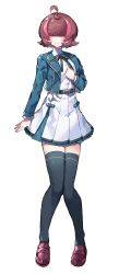 1girl absurdres ahoge aizawa_haru_(mekakare) aqua_jacket aqua_skirt arm_at_side belt belt_buckle black_belt black_ribbon black_thighhighs blunt_bangs blush brown_hair buckle closed_mouth covered_eyes dress_shirt facing_viewer fuji_den_fujiko full_body hair_over_eyes hand_on_own_chest highres jacket knees_together_feet_apart lapels layered_skirt loafers long_sleeves mekakare miniskirt multicolored_hair neck_ribbon notched_lapels official_art open_clothes open_jacket pink_hair pleated_skirt red_shoes ribbon school_uniform shirt shoes short_hair simple_background skirt smile solo standing streaked_hair tachi-e thighhighs turtleneck turtleneck_shirt white_shirt white_skirt