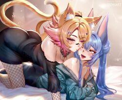 18dikart 2girls animal_ear_fluff animal_ears artist_name ass bandaid bandaid_on_face bandaid_on_nose bipsygg black_dress blonde_hair blue_hair breasts cat_ears cat_girl cat_tail closed_eyes colored_tips dress fishnet_pantyhose fishnets heart highres indie_virtual_youtuber kiss kissing_cheek long_hair multicolored_hair multiple_girls obkatiekat one_eye_closed open_mouth pantyhose pink_hair star_(symbol) tail virtual_youtuber yellow_eyes yuri