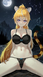 1girl absurdres animal_ears bare_shoulders black_bra black_panties blonde_hair blue_eyes bra breasts cleavage collarbone constellation full_moon highres large_breasts long_hair looking_at_viewer moon navel night night_sky original orion_(constellation) panties ponytail sky solo stomach tail thighs tiger_ears tiger_girl tiger_tail underwear yeonrizee