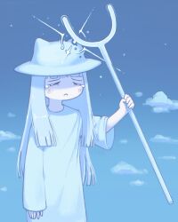 1girl animal_ears blue_sky cat_ears closed_mouth cloud crying dress frown hat hat_with_ears highres kurohanenone long_hair long_sleeves magic outdoors robe shimeji_simulation sky staff straight_hair the_gardener_(shimeji_simulation) wand white_dress white_hair white_robe
