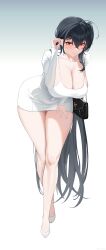 1girl absurdres adjusting_hair ahoge alternate_costume azur_lane bag black_hair breasts cleavage dongtan_dress dress full_body hair_behind_ear highres holding holding_bag huge_breasts large_breasts leaning_forward long_hair long_sleeves meme_attire microdress red_eyes ruda7032 shoes simple_background solo taihou_(azur_lane) very_long_hair white_dress white_shoes