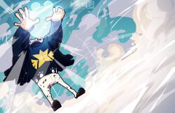 1boy black_shoes black_wings commentary full_body glasses hat highres incoming_attack long_sleeves male_focus one_piece pants s-bear seraphim_(one_piece) shoes solo taku_(aywakutakuay) white_hair white_pants wings