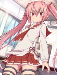 1girl absurdres blush bookshelf breasts closed_mouth commentary hair_between_eyes hidan_no_aria highres holster indoors kanzaki_h._aria konnyakugozen paid_reward_available panties pink_hair pink_stripes pleated_skirt red_eyes red_skirt school_uniform serafuku skirt small_breasts striped_clothes striped_panties thigh_holster thigh_strap twintails underwear window