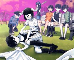 2girls :d ? abbi_(omori) ahoge antenna_hair arm_between_legs arm_rest aubrey_(faraway)_(omori) aubrey_(omori) bare_arms bare_shoulders baseball_bat basil_(faraway)_(omori) basil_(omori) beanie bench bikini bikini_bottom_only black-framed_eyewear black_bikini black_eyes black_gloves black_hair black_pants black_shirt black_shoes black_shorts black_socks black_sweater_vest black_tank_top blanket blue_hat blue_hoodie blue_skirt blunt_bangs blush bob_cut bow bright_pupils brothers brown_shorts chromatic_aberration clenched_teeth clothes_writing cloud collarbone collared_shirt colored_skin commentary_request double-parted_bangs drawstring dual_persona empty_eyes faceless faceless_female flower from_below full_body glasses gloves gradient_sky green_shirt hair_behind_ear hair_between_eyes hair_flower hair_ornament hand_on_own_hip hat hat_bow hatching_(texture) hero_(faraway)_(omori) hero_(omori) highres holding holding_baseball_bat holding_blanket hood hood_down hoodie kel_(faraway)_(omori) kel_(omori) knee_up knees_apart_feet_together loafers looking_at_another lying miniskirt monster_girl multiple_girls nail nail_(hardware) nail_bat no_pupils no_shoes omori omoriboy on_bench on_grass on_side open_mouth orange_shirt outdoors pants park_bench parted_lips pink_bow pink_flower pink_sky playground pleated_skirt prototype_design purple_sky sandals scylla shirt shoes short_hair short_sleeves shorts siblings sideways_glance sitting skirt sky smile socks squatting striped_clothes striped_shorts sunny_(omori) suspender_shorts suspenders sweatdrop sweater_vest swimsuit swing_set tank_top teeth tentacle_arm tentacle_hair toes v-shaped_eyebrows vertical-striped_clothes vertical-striped_shorts very_short_hair white_pupils white_shirt white_shorts white_skin white_socks yutsu