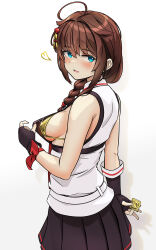1girl ahoge aqua_eyes arthur_ko bikini bikini_under_clothes black_gloves black_skirt blush braid breasts brown_hair commentary_request condom downblouse fingerless_gloves gloves gold_bikini hair_ornament hair_over_shoulder heart highres holding holding_condom kantai_collection looking_at_viewer medium_breasts open_mouth shigure_(kancolle) shirt sideboob sidelocks skirt sleeveless sleeveless_shirt smile solo swimsuit white_shirt