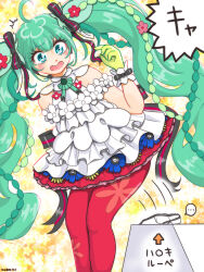 Rule 34 | 1girl, ahoge, alternate hairstyle, blooming, blush, dress, feet out of frame, flower, frilled dress, frills, gloves, green eyes, green gloves, green hair, hair flower, hair ornament, hatsune miku, hatsune miku japan tour 2025 ~blooming~, hazuki loupe, highres, kazm00, official alternate costume, open mouth, pantyhose, red pantyhose, sleeveless, sleeveless dress, solo, surprised, twintails, vocaloid, white dress