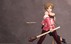 1girl ammunition_belt bare_shoulders brown_hair chocolate female_focus green_eyes gun hair_ornament hairclip happy_valentine high-explosive_anti-tank_(warhead) highres machine_gun man-portable_anti-tank_systems matsumae_takumi midriff nazi original pantyhose panzerfaust recoilless_gun short_hair solo translated valentine weapon