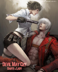 1boy 1girl artist_name bike_shorts black_gloves black_hair character_name coat copyright_name dante_(devil_may_cry) devil_may_cry devil_may_cry_(series) devil_may_cry_3 gloves gun handgun holding holding_gun holding_weapon lady_(devil_may_cry) midriff no_shirt red_coat shirt weapon white_hair white_shirt yona_(edenkasuga)