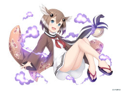 1girl :d animal_print bell blue_eyes blush brown_hair brown_jacket butterfly_print company_name flat_chest full_body hair_ornament hair_wings hitodama jacket jingle_bell knees_up monmusu_harem namaru_(summer_dandy) official_art open_mouth red_neckwear sandals short_hair sitting smile