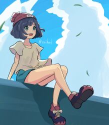 1girl absurdres bare_legs beanie black_hair cloud collarbone commentary_request creatures_(company) day falling_leaves game_freak happy hat highres knees knees_together_feet_apart leaf nintendo open_mouth outdoors pokemon pokemon_sm raihal_il red_hat selene_(pokemon) shirt shoes short_hair short_sleeves sitting sky solo teeth tied_shirt twitter_username upper_teeth_only