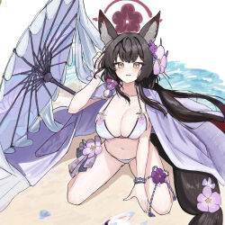 1girl animal_ear_fluff animal_ears bikini blue_archive eiraku_tee flower fox_ears fox_girl fox_tail hair_flower hair_ornament halo highres official_alternate_costume red_halo solo string_bikini swimsuit tail tail_flower tail_ornament wakamo_(blue_archive) wakamo_(swimsuit)_(blue_archive) white_bikini