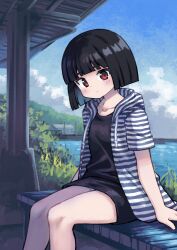 1girl akemiho_tabi_nikki black_hair black_shirt black_skirt blue_sky blunt_bangs bob_cut building closed_mouth cloud collarbone commentary_request day dock foliage fukube_tamaki gendai_ninjakko_zukan grass hand_on_bench head_tilt highres hood hooded_jacket jacket kouno_hikaru light_blush looking_at_viewer looking_to_the_side ocean on_bench open_clothes open_jacket outdoors panties pantyshot pillar red_eyes shirt short_hair sideways_glance sitting skirt sky solo striped_clothes striped_jacket underwear white_panties