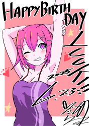 1girl absurdres arms_up bare_shoulders border breasts camisole character_name cleavage digimon digimon_card_game digimon_liberator happy_birthday highres medium_breasts one_eye_closed pink_background pink_hair purple_camisole purple_eyes short_hair simple_background solo upper_body usagibochi white_border yuuki_(digimon)