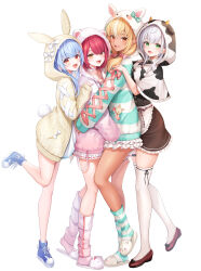 animal_ears animal_slippers babydoll blonde_hair blue_hair blush breasts bunny_slippers clothes dark-skinned_female dark_elf dark_skin dress elf hair_ornament highres hololive hololive_fantasy houshou_marine hug hug_from_behind large_breasts long_hair looking_at_viewer miyagi_ratona multicolored_hair official_alternate_costume open_mouth pointy_ears rabbit-shaped_pupils rabbit_ears rabbit_girl red_eyes shiranui_flare shiranui_flare_(loungewear) shirogane_noel short_eyebrows slippers smile streaked_hair symbol-shaped_pupils thick_eyebrows twintails two-tone_hair underwear usada_pekora virtual_youtuber white_babydoll white_background white_dress white_hair white_streaks