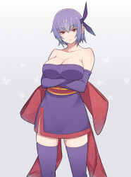 Rule 34 | 1girl, ayane (doa), back bow, bare shoulders, blush, bow, breasts, brown eyes, cleavage, commentary request, cowboy shot, crossed arms, dead or alive, dead or alive 6, detached sleeves, dress, grey background, headband, highres, japanese clothes, konishiki (52siki), large breasts, looking at viewer, ninja, purple dress, purple hair, purple headband, purple thighhighs, red eyes, short hair, strapless, strapless dress, thighhighs