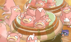 bowl dashimaki_gorilla_(dasigori) fangs gen_1_pokemon holding nintendo no_humans onsen open_mouth partially_submerged pokemon pokemon_(creature) rice rice_bowl sen_to_chihiro_no_kamikakushi shellder sitting slowpoke smile steam tail tongue tongue_out towel water wet