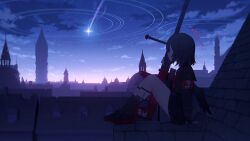 1girl anti-materiel_rifle anzio_ironworks_20mm_rifle black_hair blue_archive european_architecture gradient_sky gun halo highres justice_task_force_(blue_archive) mashiro_(blue_archive) meteor night night_sky rifle sky sniper_rifle star_(sky) starry_sky weapon yuma_(lyq_yume)