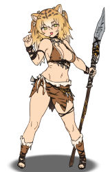 1girl animal_ears animal_print bare_shoulders bikini blonde_hair blush boots breasts brown_bikini brown_boots fang full_body green_eyes hair_between_eyes highres holding holding_polearm holding_weapon houtengeki jewelry loincloth looking_at_viewer medium_breasts navel necklace open_mouth original pigeon-toed polearm simple_background skin_fang solo standing swimsuit tiger_ears tiger_print tooth_necklace tribal twintails weapon white_background