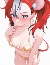 animal_ears bikini black_hair blue_eyes blush breasts closed_mouth colored_tips commentary crossed_bangs earrings english_commentary extra_ears gluteal_fold gold_bikini golden_week hair_between_eyes hakos_baelz halterneck highres hololive hololive_english jewelry medium_breasts mouse_ears mouse_girl mouse_tail multicolored_hair navel red_hair side-tie_bikini_bottom simple_background sk_jynx solo streaked_hair swimsuit tail twintails virtual_youtuber white_background white_hair