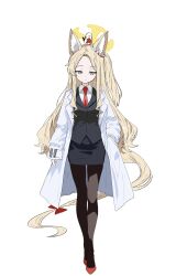 1girl 218_(niiya) alternate_costume animal_ear_fluff animal_ears bird black_pantyhose blonde_hair blue_archive coat cross_halo fox_ears fox_girl full_body halo highres lab_coat long-tailed_tit necktie pantyhose red_necktie seia_(blue_archive) simple_background solo tit_(bird) white_background white_bird white_coat yellow_halo