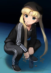 absurdres adidas alcohol bishoujo_senshi_sailor_moon bishoujo_senshi_sailor_moon_s black_shoes bottle choker circlet crescent crescent_earrings derivative_work diadem earrings gopnik heart heart_choker highres jacket jewelry long_hair meme pants parted_bangs sailor_moon sailor_moon_redraw_challenge_(meme) sasoura screenshot_redraw seed shoes slav_squatting solo squatting track_jacket track_pants track_suit very_long_hair vodka
