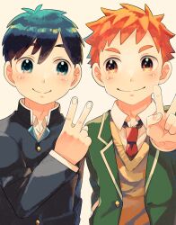 2boys black_hair blazer blue_eyes borrowed_character check_commentary commentary_request eye_contact gakuran highres jacket looking_at_another male_focus multiple_boys necktie orange_eyes orange_hair original red_necktie school_uniform simple_background smile sweater_vest v white_background yukkeroro