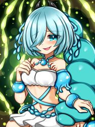 1girl bare_shoulders blue_eyes blue_hair blush breasts chest_tattoo cleavage collarbone duel_monster fang hair_over_one_eye hand_on_own_chest highres long_hair looking_at_viewer medium_breasts midriff navel open_mouth sinki_neko skirt smile solo strapless tattoo traptrix_arachnocampa tube_top very_long_hair white_skirt white_tube_top yu-gi-oh!