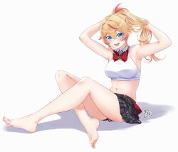1girl :d akira_miku_ver armpits arms_up bare_legs bare_shoulders barefoot blonde_hair blue_eyes blush bow bowtie breasts collared_shirt crop_top crossed_arms crossed_bangs feet grey_skirt hair_between_eyes hair_intakes impossible_clothes impossible_shirt large_breasts legs long_hair looking_at_viewer miniskirt multicolored_hair navel open_mouth original pink_hair plaid_clothes plaid_skirt pleated_skirt ponytail red_bow red_bowtie shadow shirt signature simple_background skirt sleeveless sleeveless_shirt smile solo stomach streaked_hair thighs toenails toes tying_hair white_background