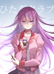 1girl absurdres bakemonogatari blue_eyes boxcutter breasts character_name closed_mouth collarbone collared_shirt cowboy_shot eyelashes gradient_background hand_up highres holding holding_stapler juliet_sleeves long_hair long_sleeves looking_at_viewer manimani_(mani_ma) medium_breasts monogatari_(series) naoetsu_high_school_uniform necktie pink_shirt pleated_skirt puffy_sleeves purple_hair purple_necktie school_uniform senjougahara_hitagi shirt skirt solo stapler very_long_hair