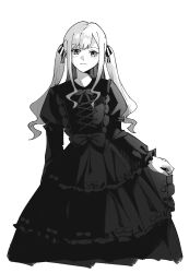 1girl absurdres bang_dream! bang_dream!_it&#039;s_mygo!!!!! blush closed_mouth commentary dress greyscale hair_ribbon highres long_hair long_sleeves looking_at_viewer masruu monochrome ribbon sidelocks simple_background skirt_hold solo togawa_sakiko two_side_up white_background