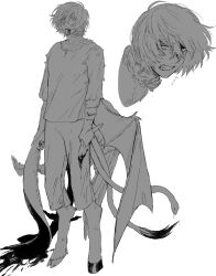 alternate_hair_length alternate_hairstyle asymmetrical_legs asymmetrical_wings bat_wings blood blood_on_face body_fur bottomless claws clenched_teeth cropped_shoulders dungeon_meshi feathered_wings full_body greyscale hair_between_eyes hair_down highres hooves laios_touden laios_touden_(chimera) looking_at_viewer male_focus monochrome monster_boy multiple_tails open_mouth shedding shirt short_hair snake_tail spoilers standing tail tearing_up teeth tiger_stripes wide-eyed wings zarame_pfpf