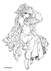 1girl absurdres ascot barefoot blush dress flower full_body greyscale hair_flower hair_ornament highres long_hair looking_at_viewer monochrome original sitting solo very_long_hair wavy_hair yanyan_(shinken_gomi)