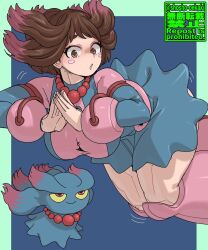 1girl adapted_costume bodysuit brown_eyes brown_hair gen_2_pokemon misdreavus multicolored_clothes multicolored_hair pink_bodysuit pink_hair short_hair shoshooekaki two-tone_hair uraraka_ochako
