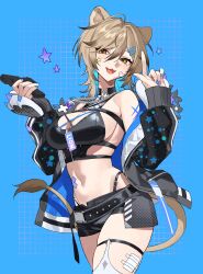 1girl :3 absurdres ahoge animal_ears bare_shoulders black_choker black_jacket black_shirt black_shorts blonde_hair breasts brown_eyes choker cleavage colored_inner_hair cowboy_shot crop_top gun handgun hands_up hazumi_aileen highleg highres holding holding_gun holding_weapon indie_virtual_youtuber jacket jewelry large_breasts lion_ears lion_girl lion_tail long_sleeves looking_at_viewer medium_hair midriff mole mole_on_breast multicolored_hair nail_polish navel necklace off_shoulder open_clothes open_jacket open_mouth panty_straps second-party_source shirt short_shorts shorts sideless_shirt skindentation sleeveless sleeveless_shirt smile solo standing stomach tail temu_(tem27) thigh_strap thighs virtual_youtuber weapon