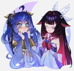 Rule 34 | 2girls, absurdres, ahoge, armlet, artist name, bare shoulders, blue eyes, blue hair, blush, closed eyes, closed mouth, colored inner hair, columbina (genshin impact), commentary, crossover, english commentary, genshin impact, gradient hair, hair belt, hair intakes, head wreath, highres, holding, holding own hair, iuno (wuthering waves), jewelry, long hair, looking at another, mizah (mizah), multicolored hair, multiple girls, parted lips, pink hair, purple hair, smile, star-shaped pupils, star (symbol), streaked hair, symbol-shaped pupils, trait connection, twintails, wuthering waves