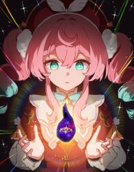 1girl aqua_eyes aqua_hair commentary_request coreflame_(honkai:_star_rail) dress drill_hair hat highres honkai:_star_rail honkai_(series) hyacine_(honkai:_star_rail) multicolored_hair oreore1121 parted_lips pink_hair red_dress red_hat solo twin_drills twintails two-tone_hair upper_body