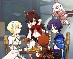 1boy 4girls ahoge amber_(genshin_impact) arm_cutout armpit_crease backpack bag bare_shoulders black_cape black_gloves blonde_hair blue_flower blue_trim bow_hairband breasts brown_bag brown_hair brown_shorts cabbie_hat cape chicken_(food) closed_eyes closed_mouth collarbone detached_sleeves dress feathers floating flower food fried_chicken gem genshin_impact gloves hair_between_eyes hair_flower hair_ornament hairband halterneck hat hat_feather highres holding holding_plate klee_(genshin_impact) levitation long_hair looking_at_another low_twintails lumine_(genshin_impact) midriff miemiebei multicolored_flower multiple_girls navel outdoors paimon_(genshin_impact) partially_fingerless_gloves plate pointy_ears red_gemstone red_hairband red_hat red_sleeves scaramouche_(genshin_impact) scarf short_hair short_hair_with_long_locks short_shorts shorts sidelocks single_thighhigh small_breasts smile sweet_madame_(genshin_impact) table tareme thighhighs thumbs_up twintails twitter_username two-tone_sleeves vambraces vision_(genshin_impact) wanderer_(genshin_impact) wavy_hair white_dress white_feathers white_flower white_hair white_romper white_scarf white_sleeves wooden_chair wooden_table yellow_eyes