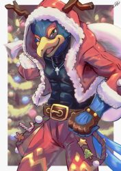 1boy absurdres alternate_costume beak bird_boy bird_tail blue_feathers christmas enso_turtle falco_lombardi feathers furry furry_male green_eyes highres jacket long_sleeves male_focus nintendo open_clothes open_jacket sack solo star_fox super_smash_bros. tail