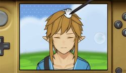 Rule 34 | 1boy, animated, animated gif, blonde hair, blue eyes, blush, collarbone, grass, handheld game console, headpat, link, looking at viewer, male focus, nintendo, nintendo ds, pointy ears, pokemon, pokemon-amie, short hair, short hair with long locks, sidelocks, solo, the legend of zelda, the legend of zelda: breath of the wild, upper body, wince